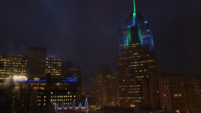 PITTSBURGH - Circa December, 2018 - An evening to night time lapse view of the Pittsburgh skyline on a cloudy winter night.  	
