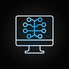PC with Brain vector colored line icon. Artificial Intelligence in computer concept outline symbol or design element on dark background