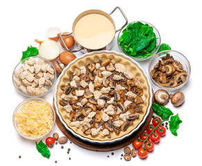 shortbread dough for baking quiche tart and filling in baking form