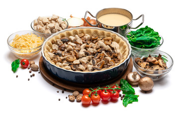 shortbread dough for baking quiche tart and filling in baking form