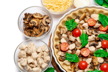 shortbread dough for baking quiche tart and filling in baking form