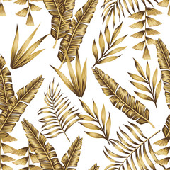 Fototapety  Złote tropikalne liście bezszwowe białe tło
