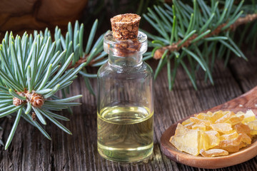 A bottle of spruce essential oil with fresh spruce branches and resin