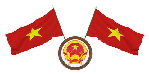National flag and the coat of arms 3D illustration  of Vietnam. Background for editors and designers. National holiday