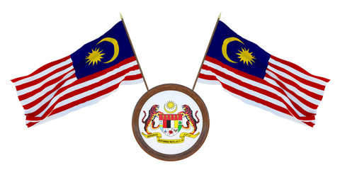 National flag  and the coat of arms 3D illustrationof Malaysia. Background for editors and designers. National holiday