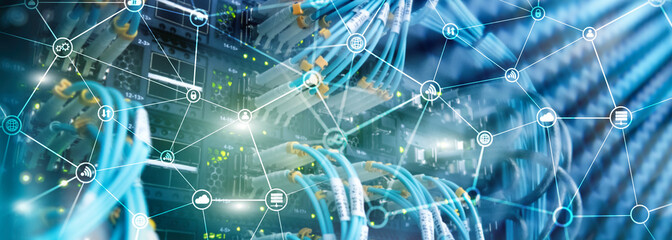Telecommunication concept with abstract network structure and server room background.