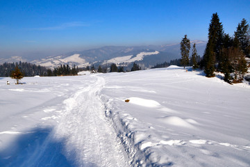 Snowy winter veiw of the Pieniny mountains, Poland