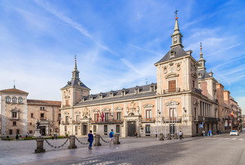 Madrid, Spain. Plaza de la Villa: on the left - Casa de Sisneros, on the right - the Town Hall...