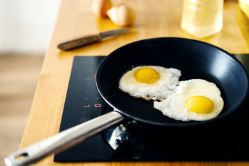 two fried eggs in a pan. Food and health.