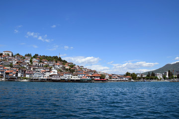 Fototapeta na wymiar Panorama of Ohrid town. Ochrid Lake with mountains background. Ohrid, Macedonia