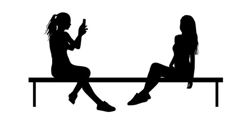 Silhouettes of girls sitting on a bench and photographing each other, vector.