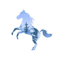 Silhouette of horse with winter woodland. Snowing.