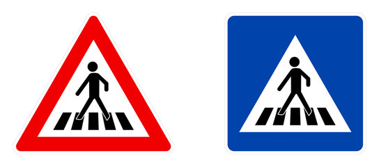 Pedestrian crossing symbol, warning (red triangle) and information (blue square) version.