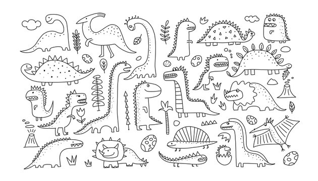 Funny dinosaurs collection, childish style. Sketch for your design
