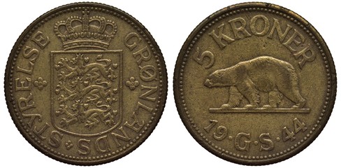 Greenland Greenlandic coin 5 five krona 1926, Danish Administration, rare denomination, crowned shield with lions flanked by rosettes, white bear walking left, date below,