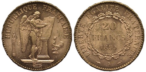 France French golden coin 20 twenty francs 1895, winged figure writing in book standing on pedestal...