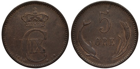 Denmark Danish coin 5 five ore 1874, crowned monogram of King Christian IX, value flanked by...