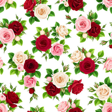 Vector seamless pattern with red, pink, burgundy and white roses on a white background.