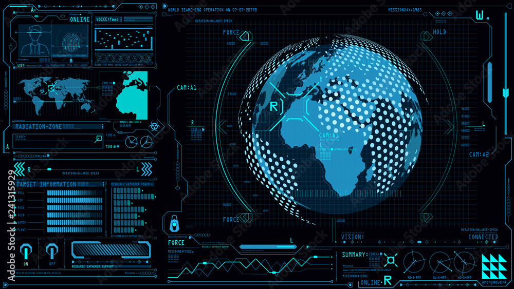 Fototapete UI interface with Earth globe 3d in control center panel command board with game and business graphs technology.