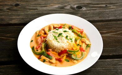 Stir the turkey with cream sauce and paprika 3 colors or Creamy Paprika turkey (German name is Putengeschnetzeltes mit Paprika und Reis). Healthy and benefits with colorful of Paprika menu.