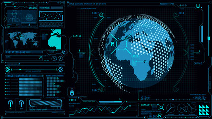 UI interface with Earth globe 3d in control center panel command board with game and business graphs technology.