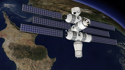 Modello 3D della futura stazione spaziale Aurora. Orion Span in orbita intorno alla terra. 3D rendering