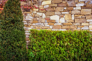 Stone wall with green bushes around it.