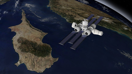 Modello 3D della futura stazione spaziale Aurora. Orion Span in orbita intorno alla terra. 3D rendering