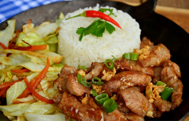 Fried sliced pork with garlic and pepper  served with Fried vegetable and Thai rice in small wok. Pork menu for children. 