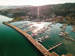 aerial shot from the drone,of Boats in Marina. Port San Rocco  , Muggia Italy 