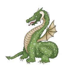 Vector cartoon funny dragon with horns and wings sticking out tongue