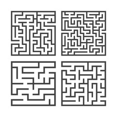 A set of square mazes of various levels of difficulty. Game for kids. Puzzle for children. One entrances, one exit. Labyrinth conundrum. Flat vector illustration isolated on white background.