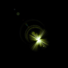 Isolated realistic lens flare visual effect on black night background. Space star. 