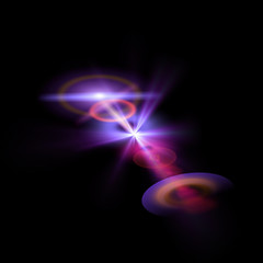 Isolated realistic lens flare visual effect on black night background. Space star. 