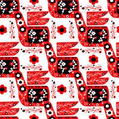 abstract bird in light red folk style on a white color