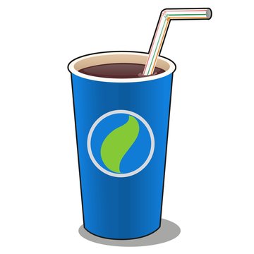 Refreshing drink in a blue paper cup with plastic straw isolated on white background. Vector cartoon close-up illustration.