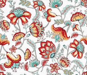 Red Teal Indian Floral Seamless Pattern
