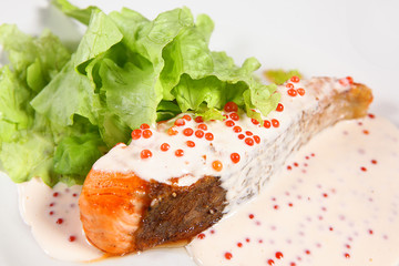 A piece of red fish in a creamy caviar sauce on a white plate with lettuce leaves. Macro photo.