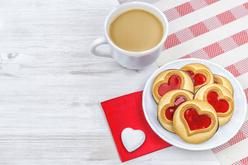 Valentine's Day. morning coffee with pastries and hearts