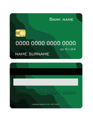 Realistic detailed credit card set with colorful green abstract design background. Front and back side template. Vector illustration.