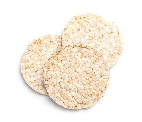 Crunchy rice cakes on white background, top view