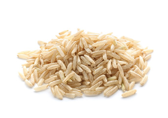 Pile of brown rice on white background