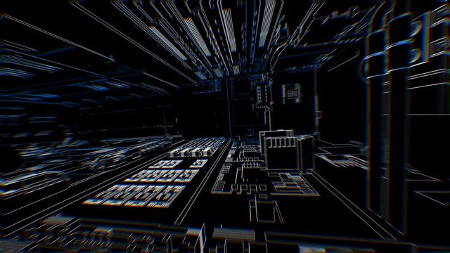 Geometric laser lowpoly interior of a spaceship with beat reactive chromatic distortion. Seamless neon retro futuristic animation 128 bpm