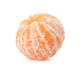 Peeled fresh ripe tangerine on white background