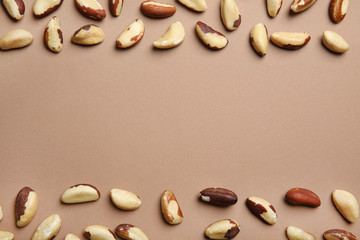 Flat lay composition with Brazil nuts and space for text on color background