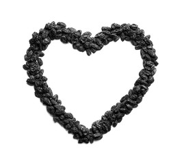 Heart shaped frame of raisins and space for text on white background. Dried fruit as healthy snack