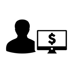 Profit icon vector male user person profile avatar with computer monitor and dollar sign currency money symbol for banking and finance business in flat color glyph pictogram illustration