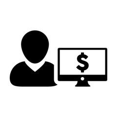 Person icon vector male user avatar with computer monitor screen and dollar sign in flat color in Glyph Pictogram Symbol illustration