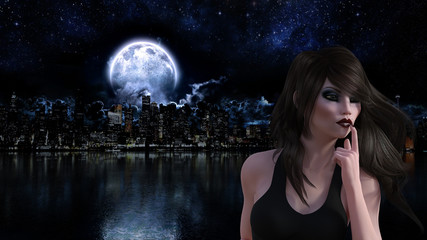 3d illustration of an exotic dark hair woman with a finger to her lips and a moonlit skyline in the background.