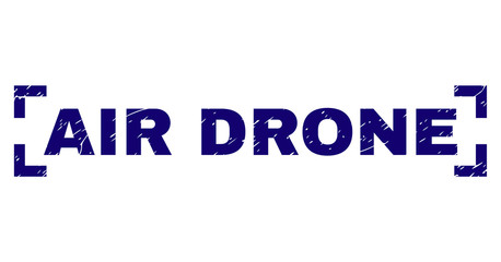 AIR DRONE title seal watermark with grunge texture. Text title is placed between corners. Blue vector rubber print of AIR DRONE with unclean texture.